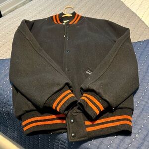 Vintage men’s letter jacket black with orange trim